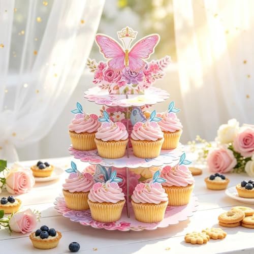 2 Pack Butterfly 3 Tier Cupcake Stand Pink Cardboard Dessert Tower in Butterfly-2PCS, alternate view 6