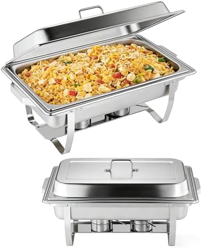 2 Pack Chafing Dishes for Buffet, Stainless Steel Catering Chafer with Lids, Pans & Fuel Holder, 8QT Food