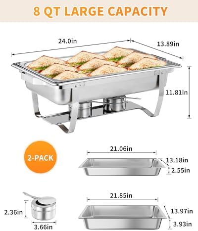 2 Pack Chafing Dishes for Buffet, Stainless Steel Catering Chafer with Lids, Pans & Fuel Holder, 8QT Food, alternate view 2