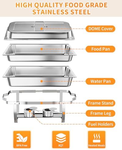 2 Pack Chafing Dishes for Buffet, Stainless Steel Catering Chafer with Lids, Pans & Fuel Holder, 8QT Food, alternate view 7