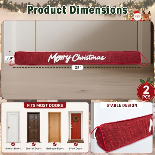 2 Pack Christmas Door Draft Stopper with Hanging Loops Home Decor in Red, alternate view 4