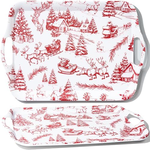 2-Pack Christmas Serving Trays with Handles, 18'' x 13'' Large Melamine Tray, Winter Wonderland Platters for
