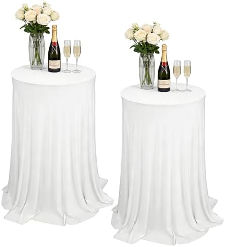 2 Pack Cocktail Table Tablecloth with Skirts 32 x 43Inch Soft Fabric Round High Top Table Cover Stretch Reusable