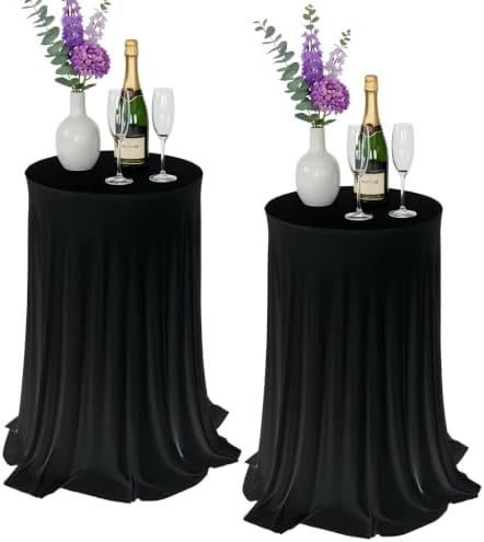 2 Pack Cocktail Table Tablecloth with Skirts 32 x 43Inch Soft Fabric Round High Top Table Cover Stretch Reusable