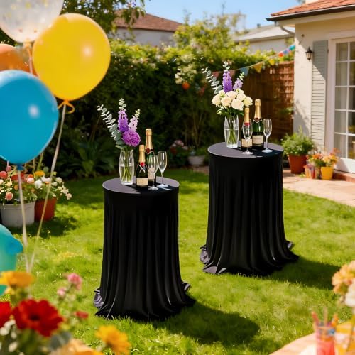 2 Pack Cocktail Table Tablecloth with Skirts 32 x 43Inch Soft Fabric Round High Top Table Cover Stretch Reusable, alternate