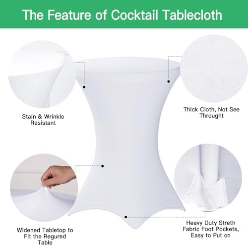 2 Pack Cocktail Tablecloth Bar Top Table Covers Round White Spandex, alternate view 4