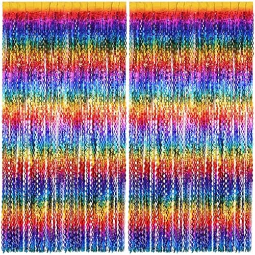 2 Pack Colorful Wavy Foil Fringe Curtain Backdrop, 3.3 X 6.6 Ft Rainbow Wavy Fringe Curtains, Colorful Streamer