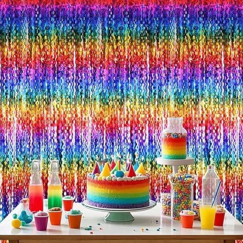 2 Pack Colorful Wavy Foil Fringe Curtain Backdrop, 3.3 X 6.6 Ft Rainbow Wavy Fringe Curtains, Colorful Streamer, alternate