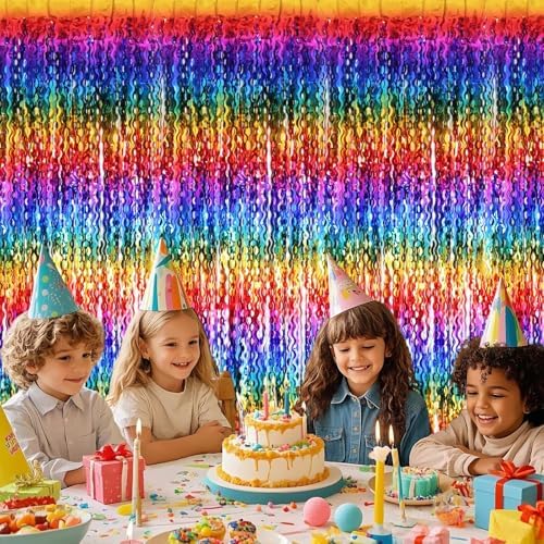 2 Pack Colorful Wavy Foil Fringe Curtain Backdrop, 3.3 X 6.6 Ft Rainbow Wavy Fringe Curtains, Colorful Streamer, alternate