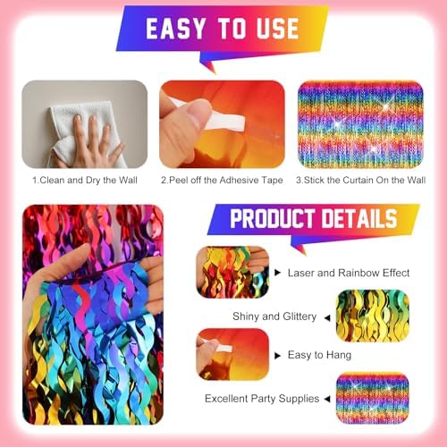 2 Pack Colorful Wavy Foil Fringe Curtain Backdrop, 3.3 X 6.6 Ft Rainbow Wavy Fringe Curtains, Colorful Streamer, alternate