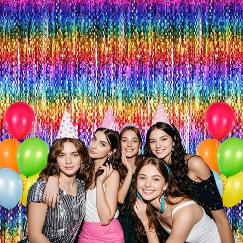 2 Pack Colorful Wavy Foil Fringe Curtain Backdrop, 3.3 X 6.6 Ft Rainbow Wavy Fringe Curtains, Colorful Streamer, alternate