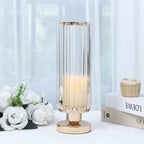 2 Pack Crystal Pendant Hurricane Candle Holders, 13" Gold Metal Base Elegant Fluted Glass Pillar Candle Stands