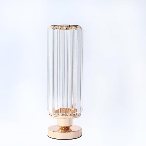 2 Pack Crystal Pendant Hurricane Candle Holders, 13" Gold Metal Base Elegant Fluted Glass Pillar Candle Stands, alternate