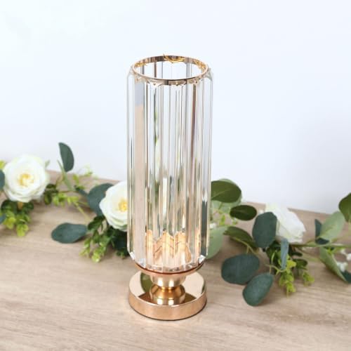 2 Pack Crystal Pendant Hurricane Candle Holders, 13" Gold Metal Base Elegant Fluted Glass Pillar Candle Stands, alternate