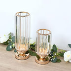 2 Pack Crystal Pendant Hurricane Candle Holders, 13" Gold Metal Base Elegant Fluted Glass Pillar Candle Stands, alternate