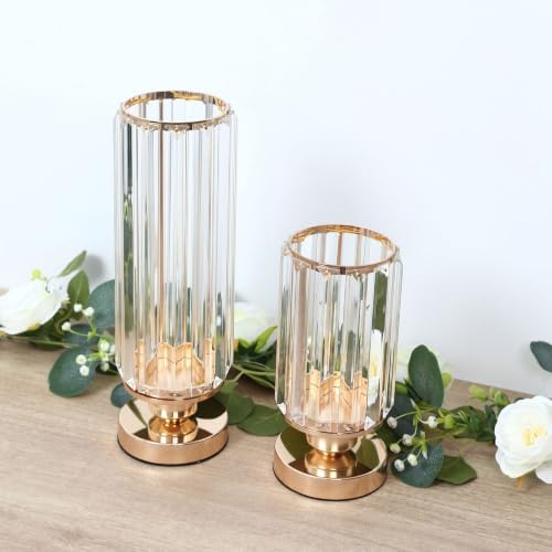 2 Pack Crystal Pendant Hurricane Candle Holders, 13" Gold Metal Base Elegant Fluted Glass Pillar Candle Stands, alternate