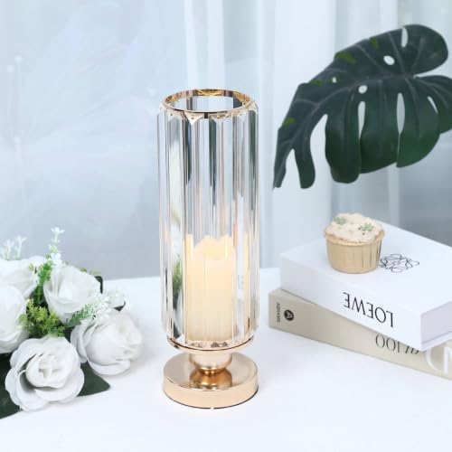 2 Pack Crystal Pendant Hurricane Candle Holders, 13" Gold Metal Base Elegant Fluted Glass Pillar Candle Stands, alternate