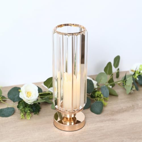2 Pack Crystal Pendant Hurricane Candle Holders, 13" Gold Metal Base Elegant Fluted Glass Pillar Candle Stands, alternate