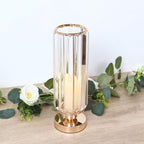 2 Pack Crystal Pendant Hurricane Candle Holders, 13" Gold Metal Base Elegant Fluted Glass Pillar Candle Stands, alternate