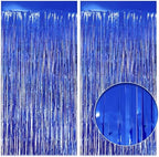 2 Pack Dark Blue Fringe Curtains, 3.2 x 8.2 FT Foil Tinsel Party Backdrop in 3.2 x 8.2 FT