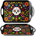 2-Pack Dia de Los Muertos Serving Trays, 17.3"×12.2" Calavera Sugar Skull Platters, Durable Bamboo Fiber
