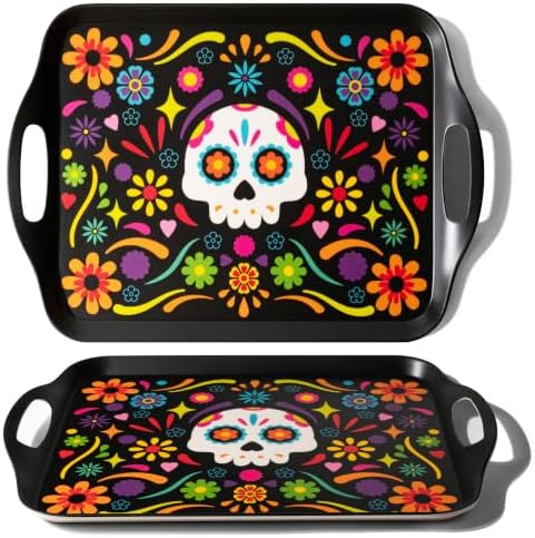 2-Pack Dia de Los Muertos Serving Trays, 17.3"×12.2" Calavera Sugar Skull Platters, Durable Bamboo Fiber