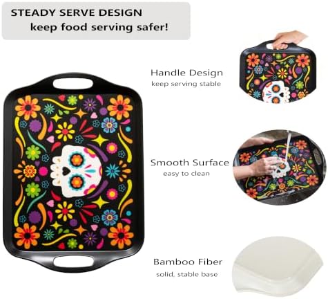 2-Pack Dia de Los Muertos Serving Trays, 17.3"×12.2" Calavera Sugar Skull Platters, Durable Bamboo Fiber, alternate view 3