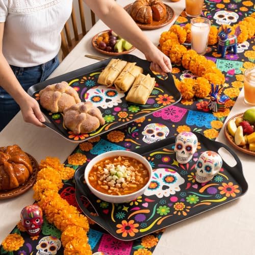 2-Pack Dia de Los Muertos Serving Trays, 17.3"×12.2" Calavera Sugar Skull Platters, Durable Bamboo Fiber, alternate view 5