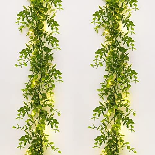 2 Pack Eucalyptus Garland with LED Lights String 12Ft Greenery Garland