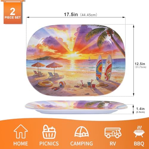 2 Pack Extra Large 17.5 Inch Melamine Serving Trays - Ocean Platters Set in Summer, alternate view 3
