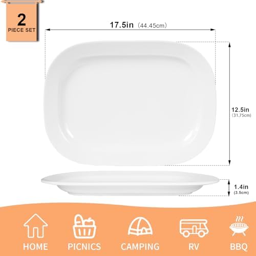 2 Pack Extra Large 17.5 Inch White Serving Trays, Reusable Melamine Platters in 17.5-Inch in White, alternate view 3