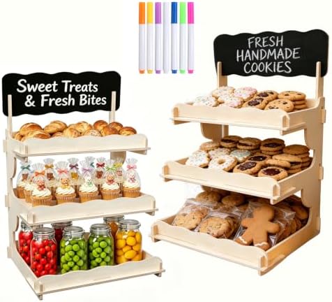 2 Pack Extra Tall 3-Tier Wooden Cookie Display Stand for Bakers & Vendors in Natural-2PCS