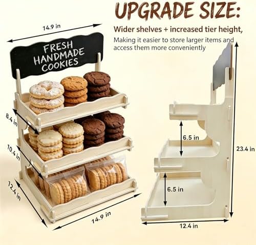 2 Pack Extra Tall 3-Tier Wooden Cookie Display Stand for Bakers & Vendors in Natural-2PCS, alternate view 3