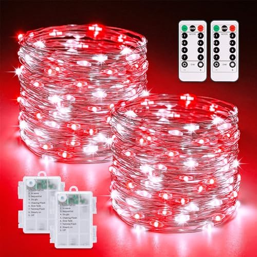 2 Pack Fairy Lights Battery Operated, Red & White Christmas Lights