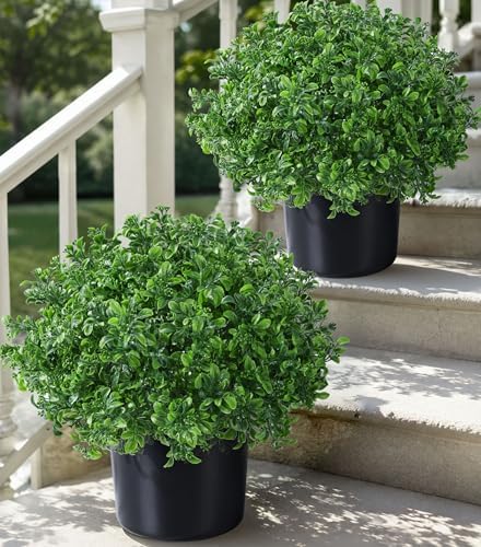 2 Pack Fake Potted Plants Artificial Plants for Outdoors Decor, Green in Green