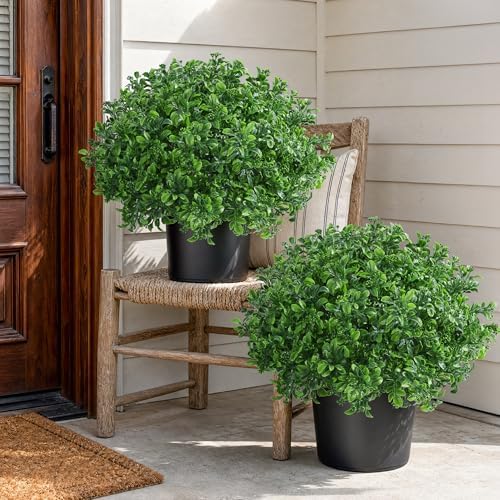 2 Pack Fake Potted Plants Artificial Plants for Outdoors Decor, Green in Green, alternate view 3
