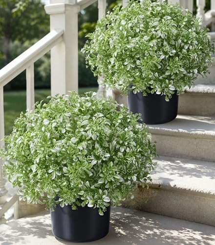 2 Pack Fake Potted Plants Artificial Plants for Outdoors Decor, Green White