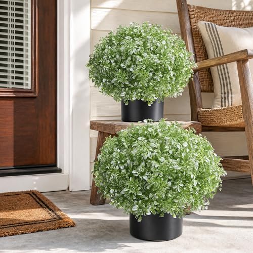 2 Pack Fake Potted Plants Artificial Plants for Outdoors Decor, Green White, alternate view 3