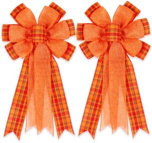 2 Pack Fall Bows for Wreaths Decorations for Home, Halloween Tree Topper Bow, Thanksgiving Bow with Orange