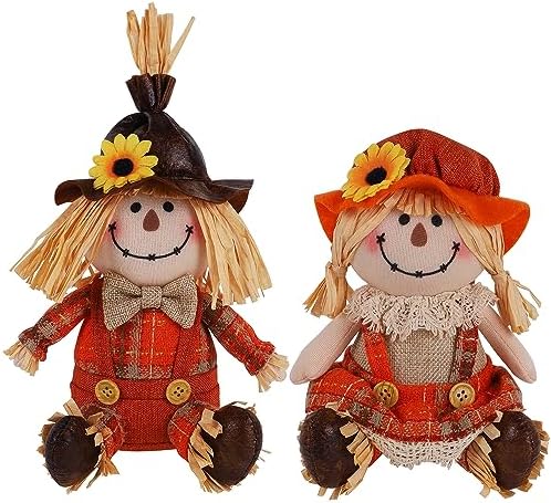 2 Pack Fall Tabletop Decorations Scarecrows, Thanksgiving Harvest Handmade Scarecrow, Autumn Shelf Sitters