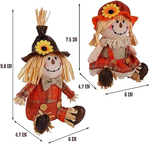 2 Pack Fall Tabletop Decorations Scarecrows, Thanksgiving Harvest Handmade Scarecrow, Autumn Shelf Sitters, alternate view 2