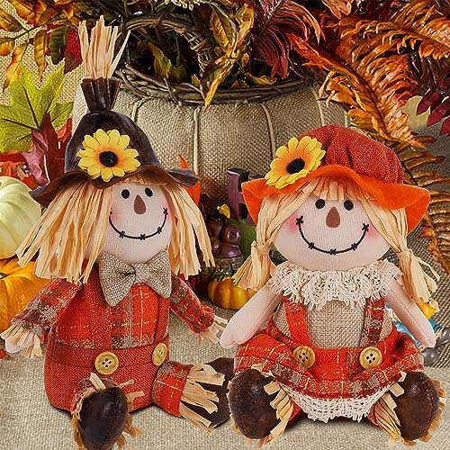 2 Pack Fall Tabletop Decorations Scarecrows, Thanksgiving Harvest Handmade Scarecrow, Autumn Shelf Sitters, alternate view 3