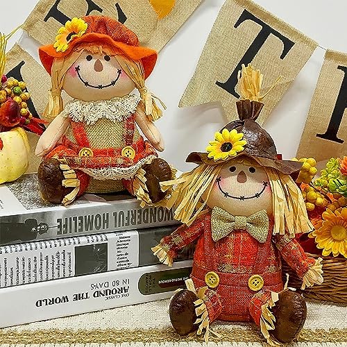 2 Pack Fall Tabletop Decorations Scarecrows, Thanksgiving Harvest Handmade Scarecrow, Autumn Shelf Sitters, alternate view 4