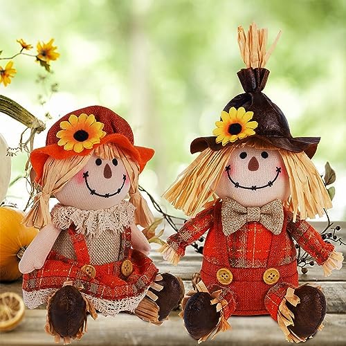 2 Pack Fall Tabletop Decorations Scarecrows, Thanksgiving Harvest Handmade Scarecrow, Autumn Shelf Sitters, alternate view 5