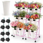 2 Pack Flower Display Stand with 12 Buckets, Wheels & Blackboards, Pink in Pink