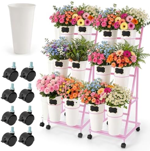 2 Pack Flower Display Stand with 12 Buckets, Wheels & Blackboards, Pink in Pink