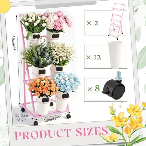 2 Pack Flower Display Stand with 12 Buckets, Wheels & Blackboards, Pink in Pink, alternate view 2