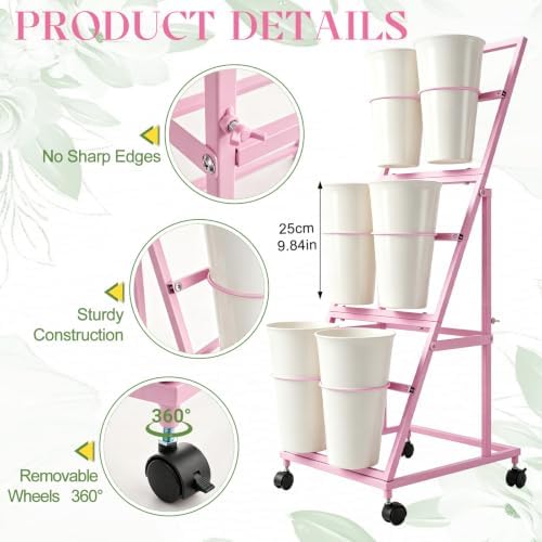 2 Pack Flower Display Stand with 12 Buckets, Wheels & Blackboards, Pink in Pink, alternate view 3