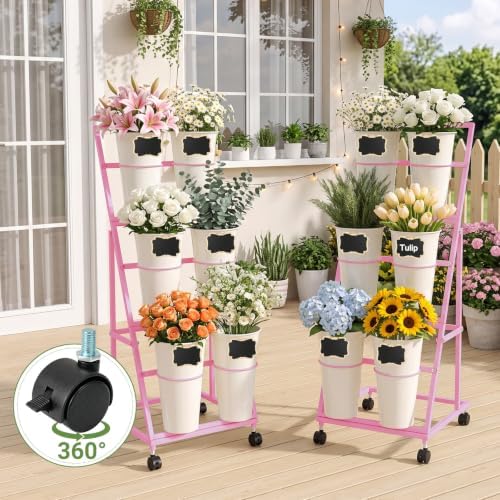 2 Pack Flower Display Stand with 12 Buckets, Wheels & Blackboards, Pink in Pink, alternate view 5
