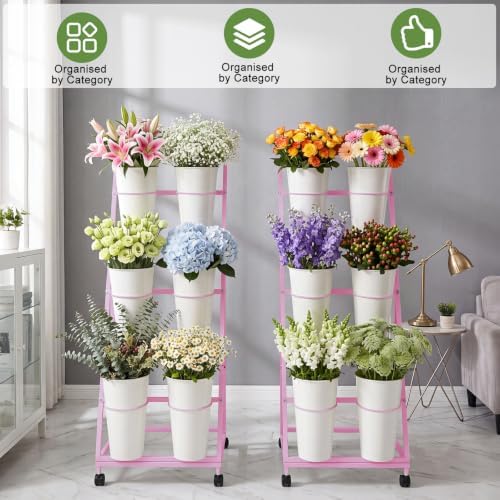 2 Pack Flower Display Stand with 12 Buckets, Wheels & Blackboards, Pink in Pink, alternate view 6